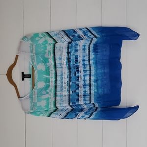 ALFANI Blouse Size Medium Blue White Aqua Fluttery Butterfly Sleeves